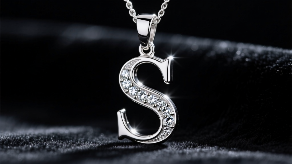 Macro shot of a sterling silver letter S pendant with diamond accents on dark velvet, highlighting the bright, reflective surface.