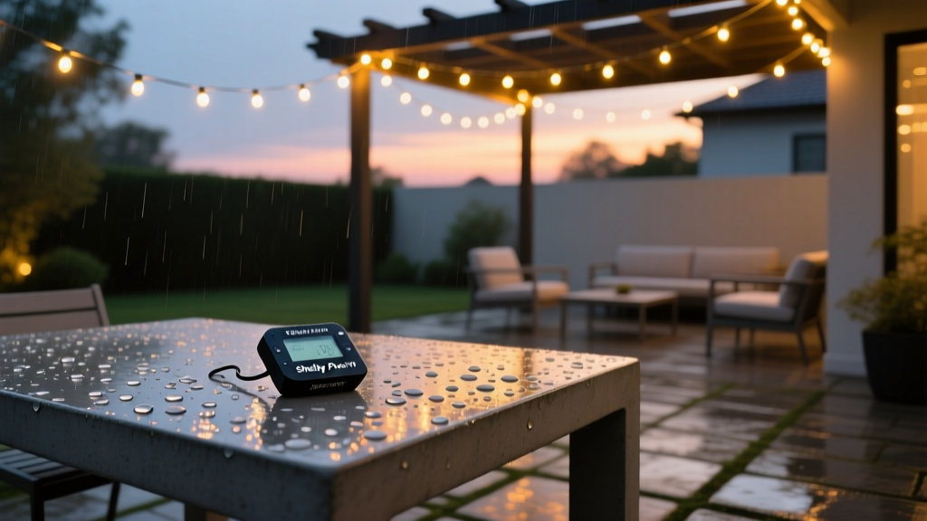 Dusk patio scene showing a Shelly Plus 1PM Mini controlling warm string lights, with rain bouncing off its weatherproof outdoor casing