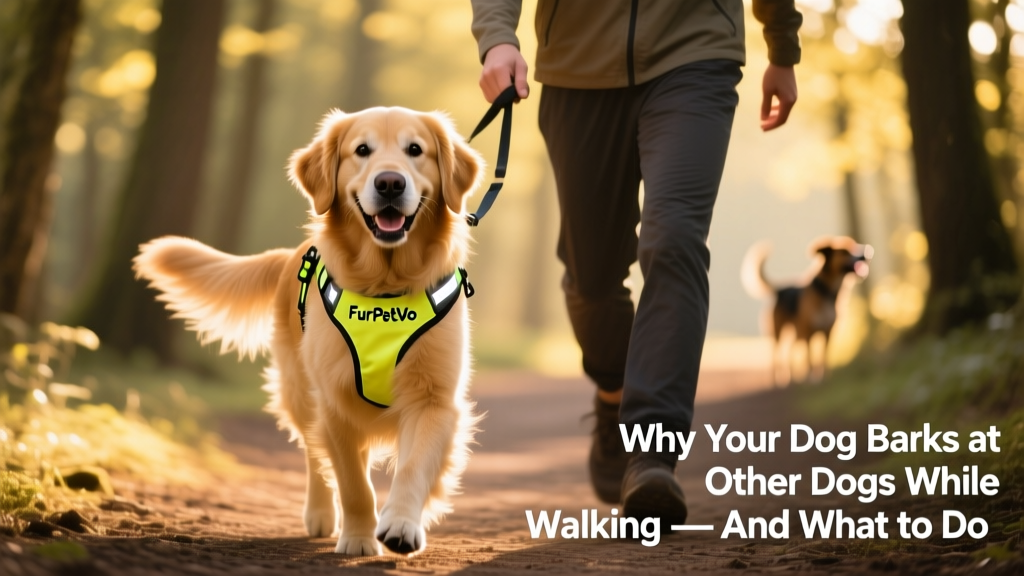 A happy dog wearing a FurPetVo reflective harness, walking confidently beside their owner on a sunlit path