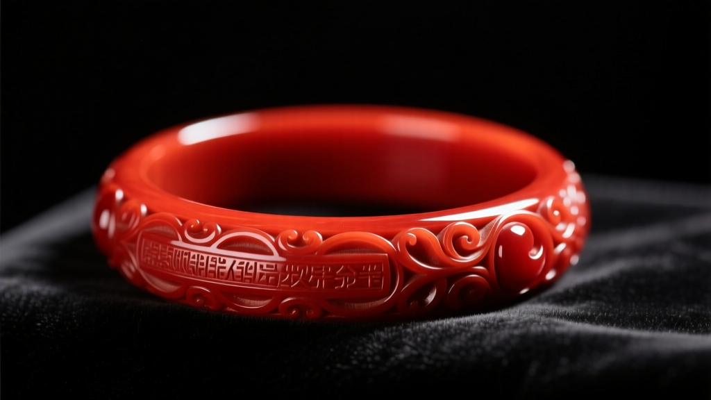 Close-up of a vibrant cherry-red carved antique bakelite bangle resting on dark velvet, illuminated by soft warm studio lighting.