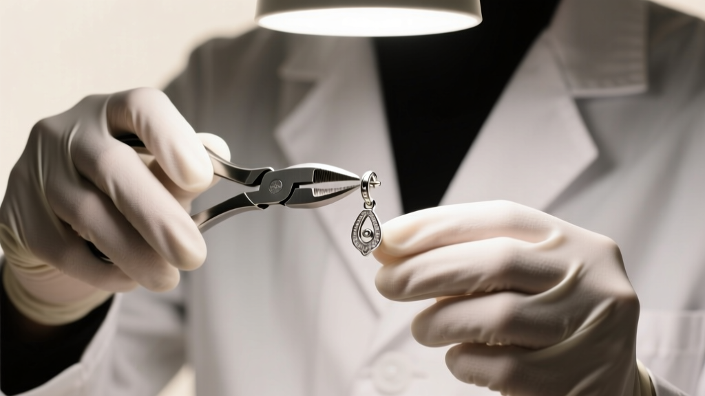 Jeweler using nylon-jaw pliers to gently adjust the metal tension paddle on a silver hinge clip-on earring under bright light