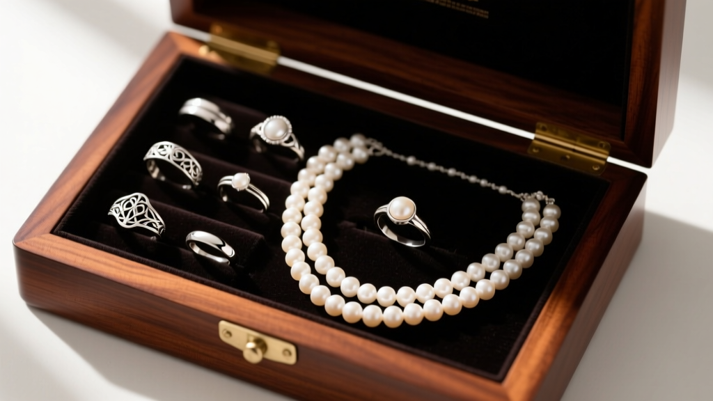 Overhead view of open mahogany jewelry box with separated sterling silver rings and pearl necklaces under soft natural light