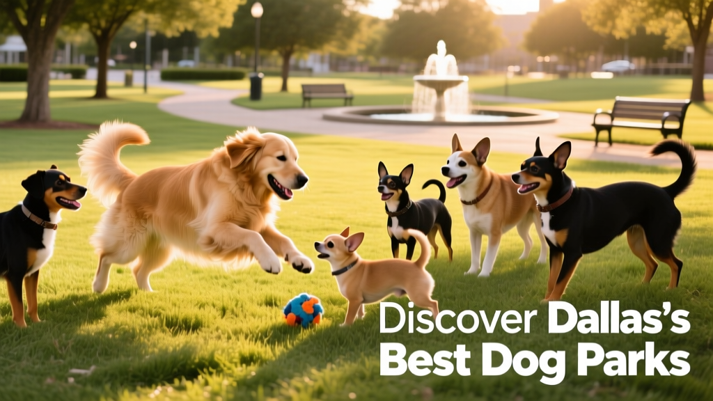 A group of dogs meeting and playing in a grassy dog park.