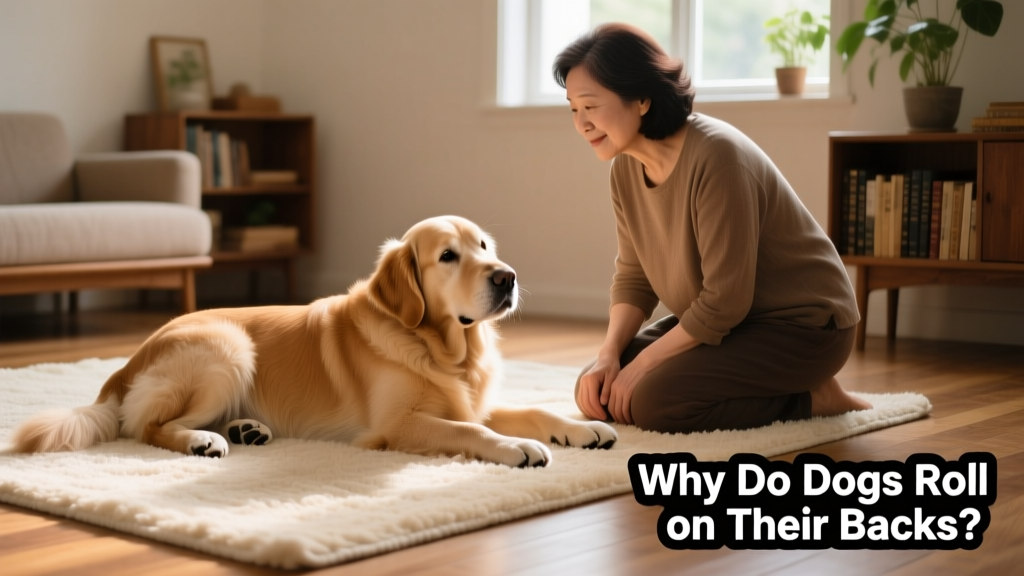 A senior golden retriever gently rolling on a soft rug indoors, watched attentively by its owner