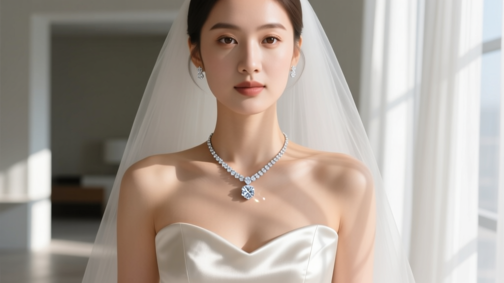 Close up of a bride wearing a platinum diamond pendant on a sweetheart neckline wedding gown, lit by soft diffused window light.