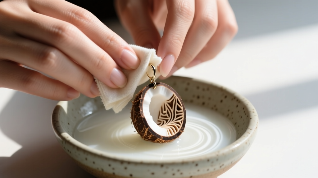 Hands gently wiping a carved coconut shell earring with a damp microfiber cloth over a small ceramic bowl of mild soapy water