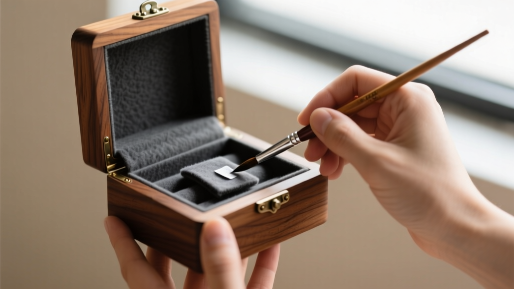 Hands applying a dark grey anti-tarnish flannel liner to the bottom of a small cherry wood jewelry box using a glue brush.