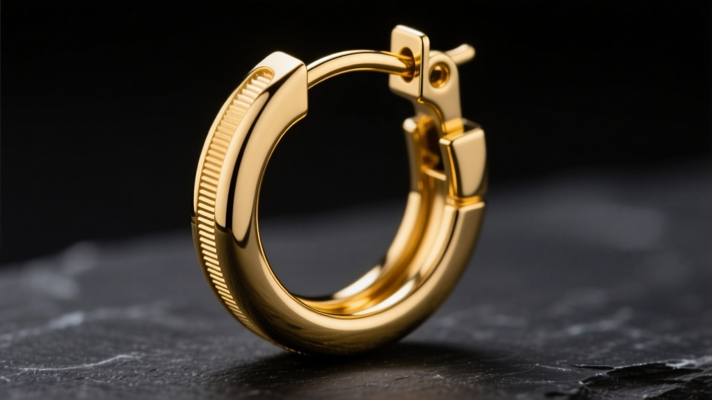 Macro shot of a JCM 14k yellow gold snap-lock hoop earring, highlighting the precision tension fit against dark slate.