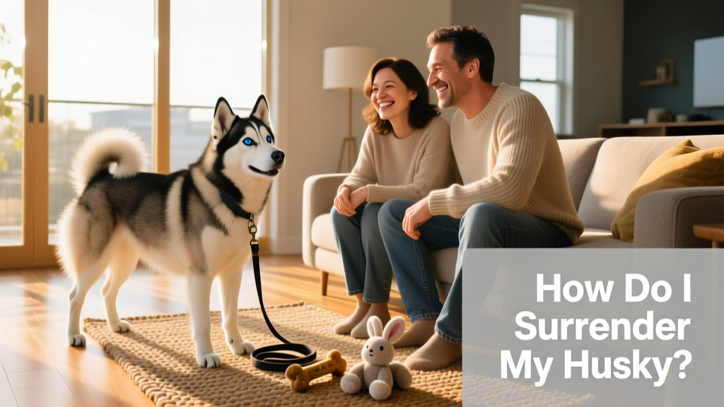 Two people smiling while meeting a friendly Husky in a sunlit living room, with leashes and toys visible nearby