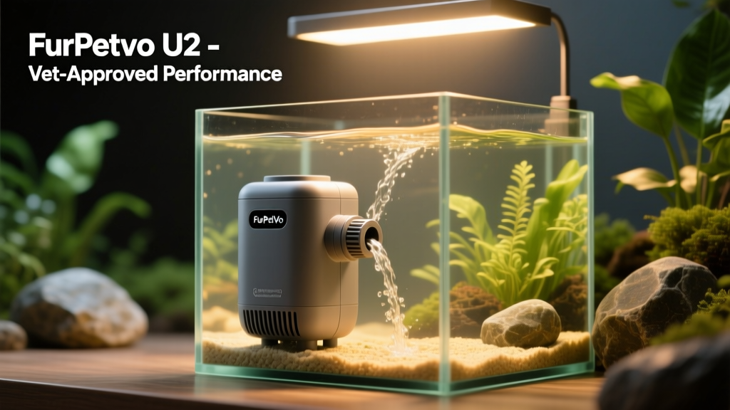 FurPetVo U2 filter installed in a 20-gallon aquarium, showing adjustable flow nozzle and compact housing