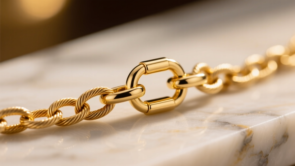 Macro shot of a 14k gold 1.2mm cable chain and lobster clasp showing precise link soldering and a polished metallic finish
