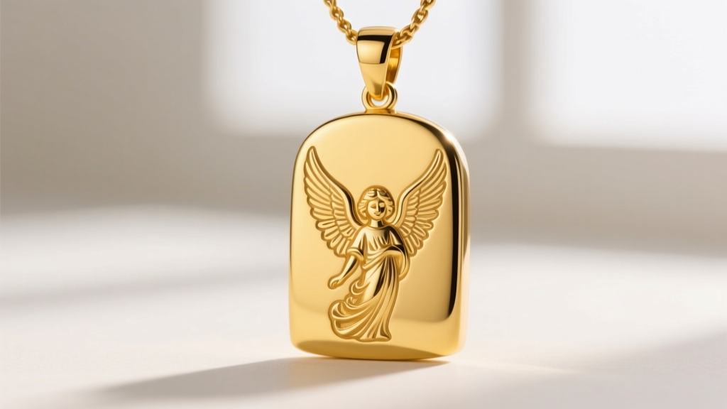 Macro photography of a 14k solid gold empty tomb pendant showing crisp laser engraving of an angel and rich yellow gold luster