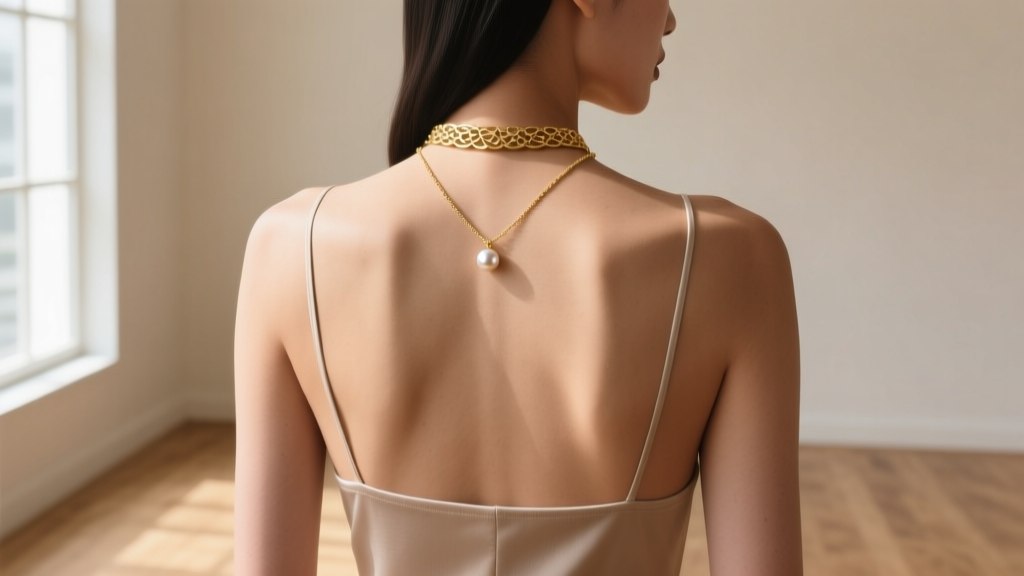 Rear view of a bare-back halter top featuring a 14k gold backlace with a small pearl pendant resting on the model's upper spine.