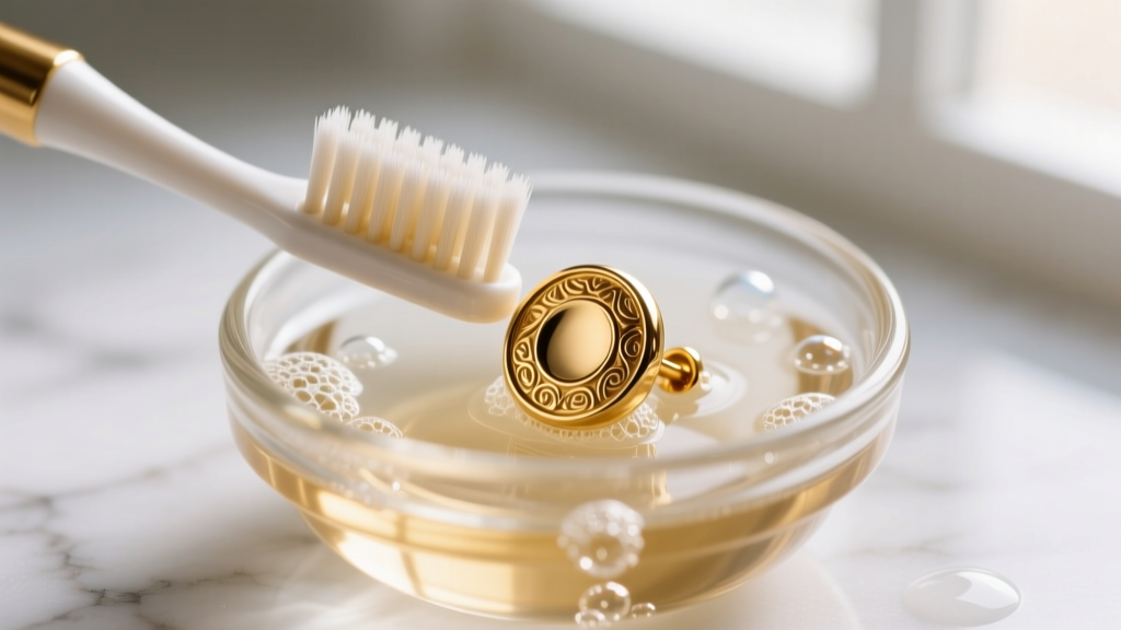 Soft toothbrush gently scrubbing embossed crevices of a gold stud earring submerged in a small glass bowl of warm soapy water.