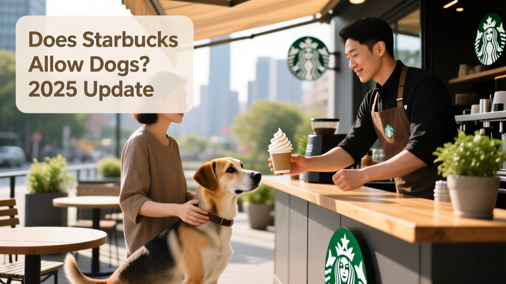 A barista handing a small cup of whipped cream to a customer holding a leashed dog near an outdoor Starbucks counter