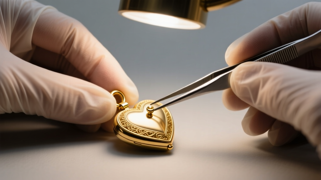 Macro shot of a jeweler using titanium tweezers to adjust a brass hinge pin on a gold heart locket under a magnifying lamp.
