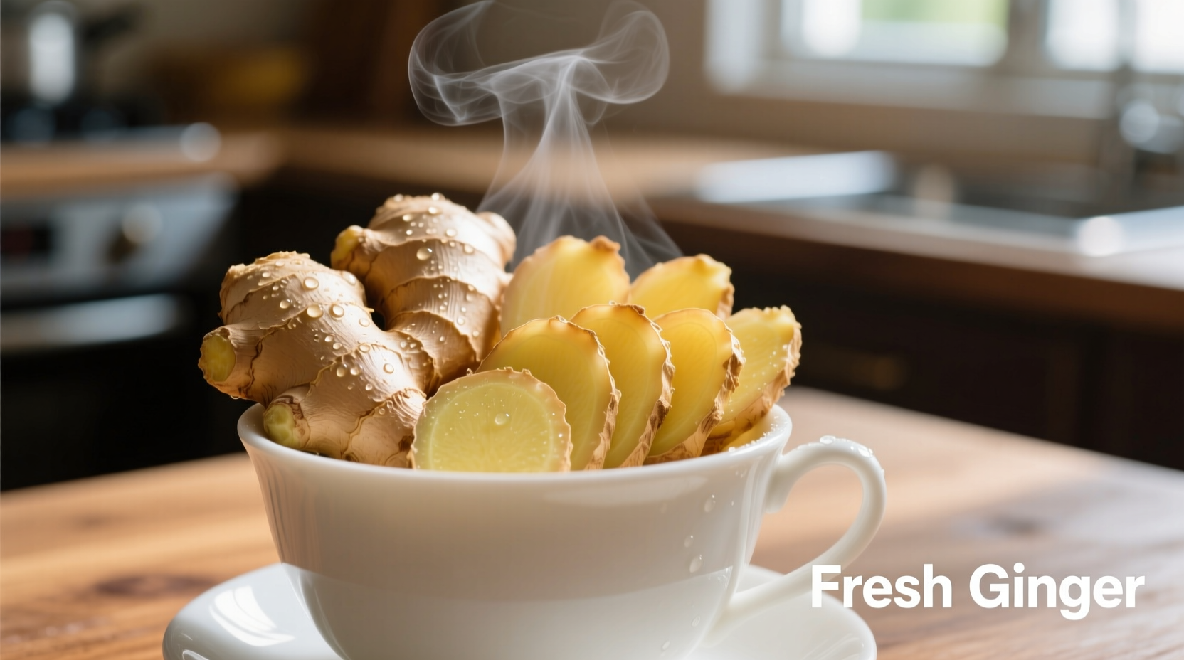 Fresh ginger root slices in a teacup with steam rising