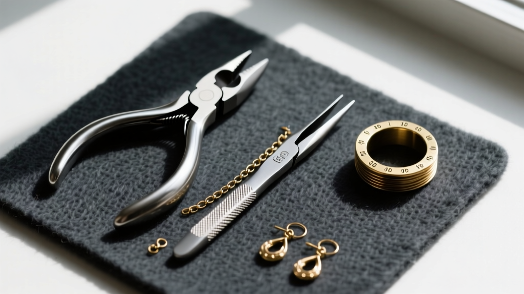 Top-down view of earring making tools, flush cutters, chain-nose pliers, and a brass wire gauge ring on a dark grey felt pad