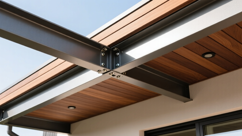 Cross-section of modern deck showing steel joist framing, hidden fastener clips, and grooved capped composite decking boards in warm teak
