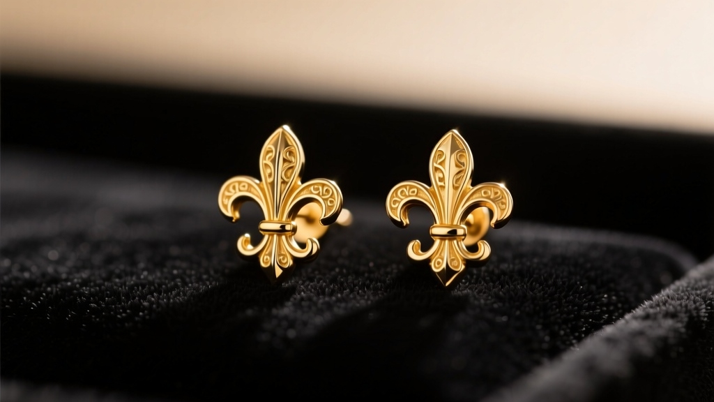 Macro shot of 14k solid gold fleur de lis stud earrings on dark velvet, illuminated by soft, warm directional studio lighting.