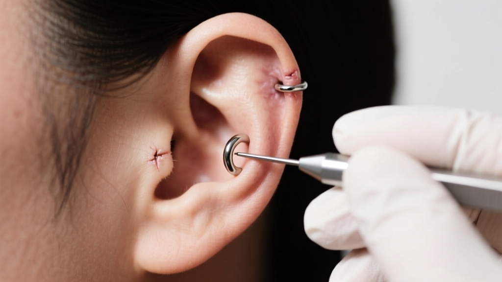 Side profile of an ear showing a piercer in sterile gloves inserting a 6.0 mm seamless titanium hoop into a healed helix piercing