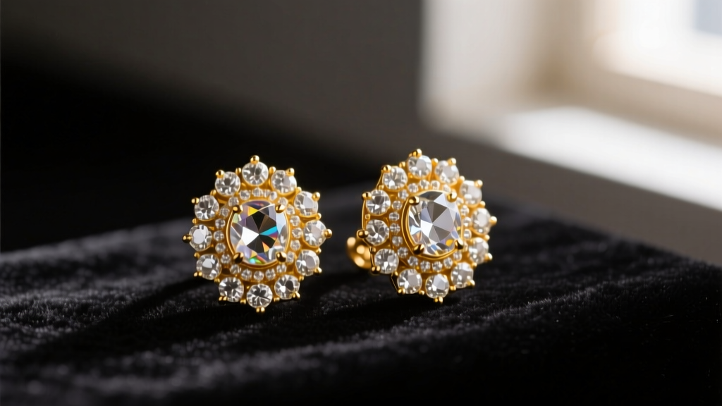 Close-up of traditional polki earrings featuring uncut diamonds set in 22k gold kundan, resting on dark velvet with soft lighting