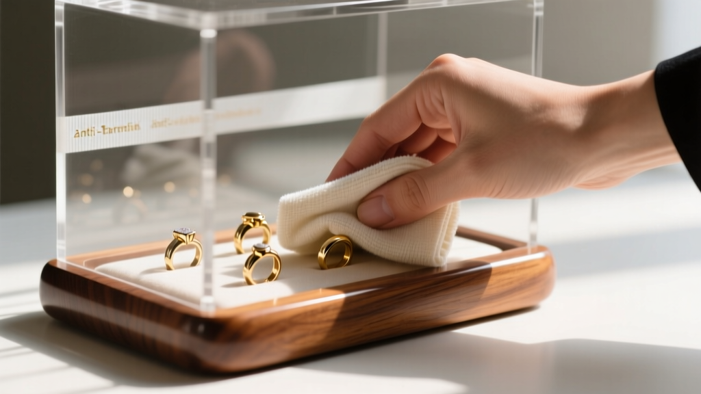 Hands wiping a sealed wood ring jewelry display stand with a microfiber cloth, anti-tarnish strips visible behind it blurred