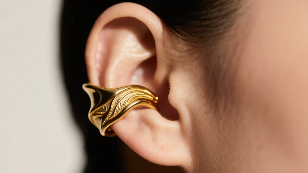 Close-up of an 18k yellow gold molten-texture ear cuff wrapping around the upper cartilage, illuminated by soft studio lighting.
