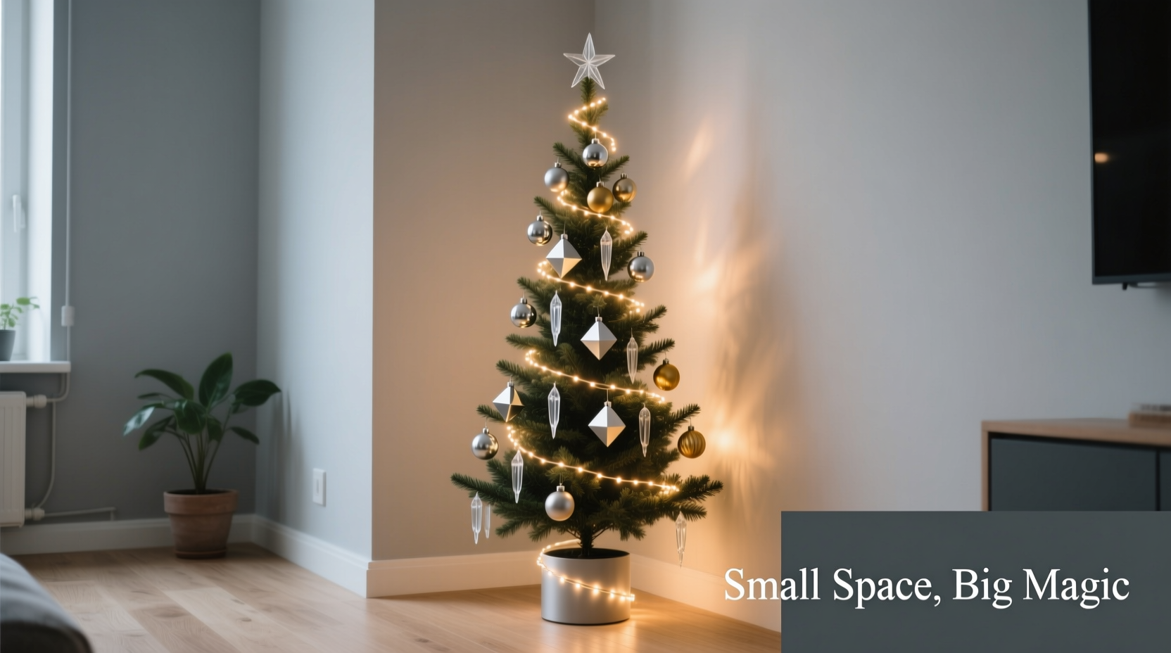 how to style a christmas tree for small spaces using vertical lighting and compact ornaments
