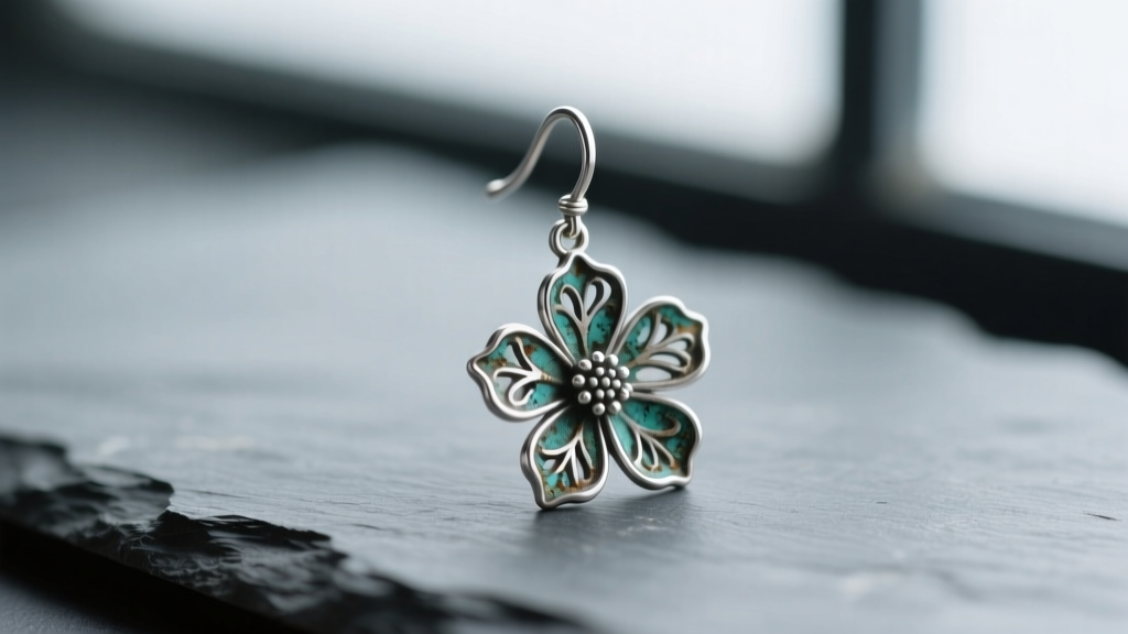 Macro shot of a tarnished 925 sterling silver flower dangle earring on slate, highlighting petal crevices and oxidation