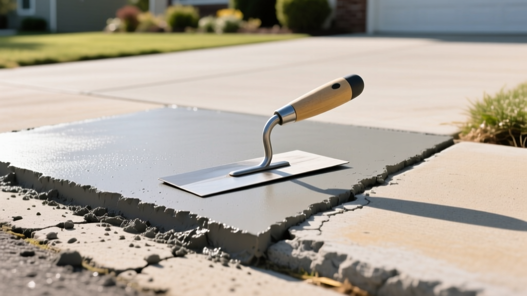 Trowel smoothing thin gray vinyl concrete patch over a spalled driveway edge next to intact original concrete in bright daylight.