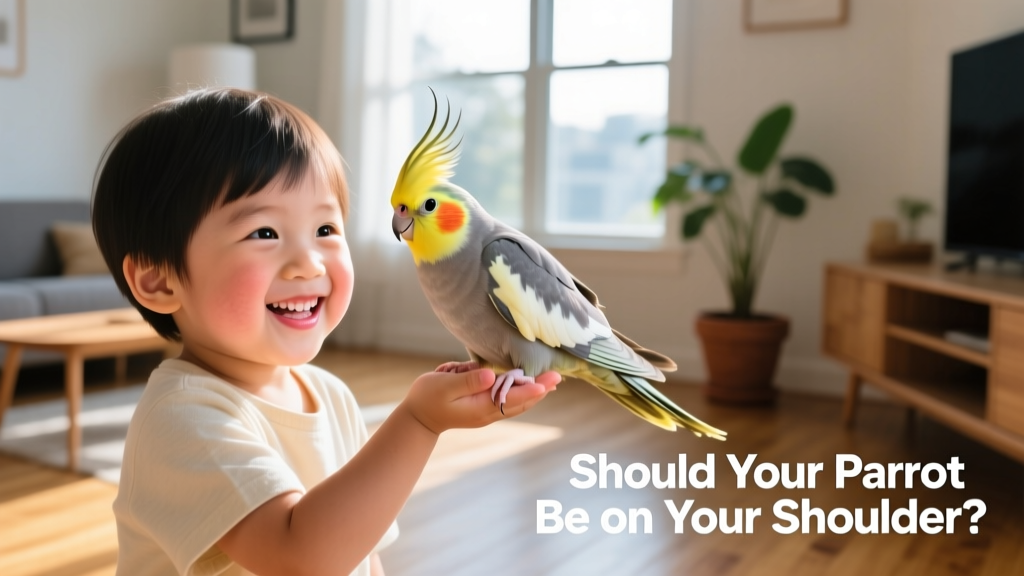 A young child gently holding a cockatiel on their hand, smiling with excitement