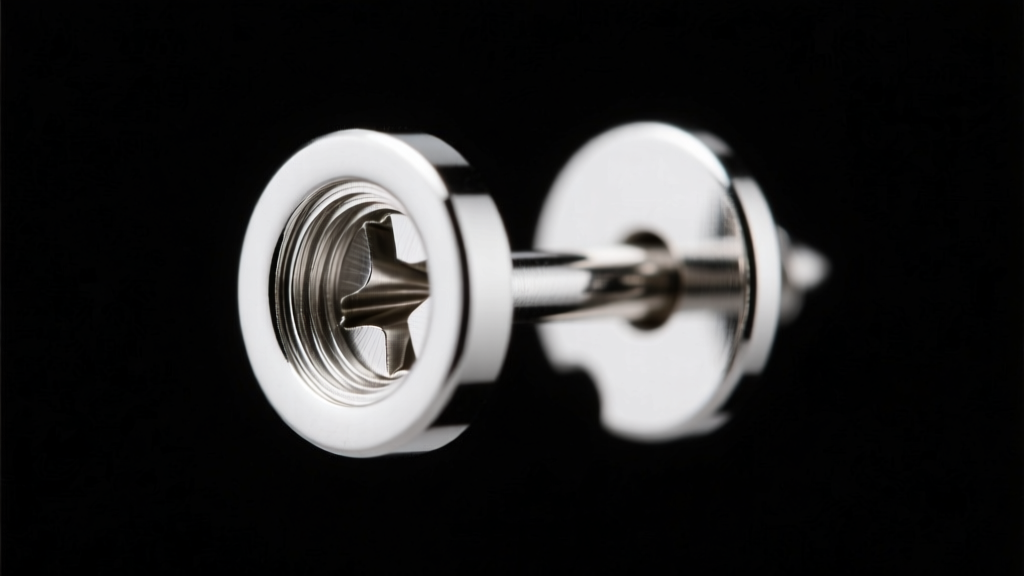 Macro render showing the internal threading of a 16-gauge platinum screw-back earring post against a dark background.