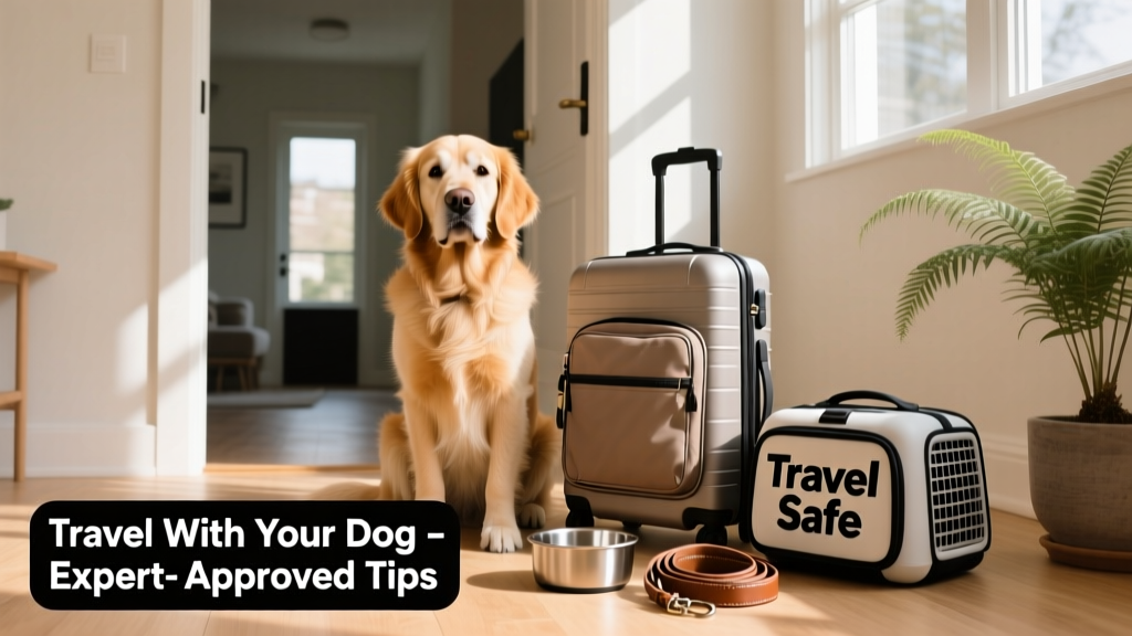 A calm, well-prepared dog sitting beside a packed suitcase with travel essentials like a collapsible bowl, leash, and carrier nearby