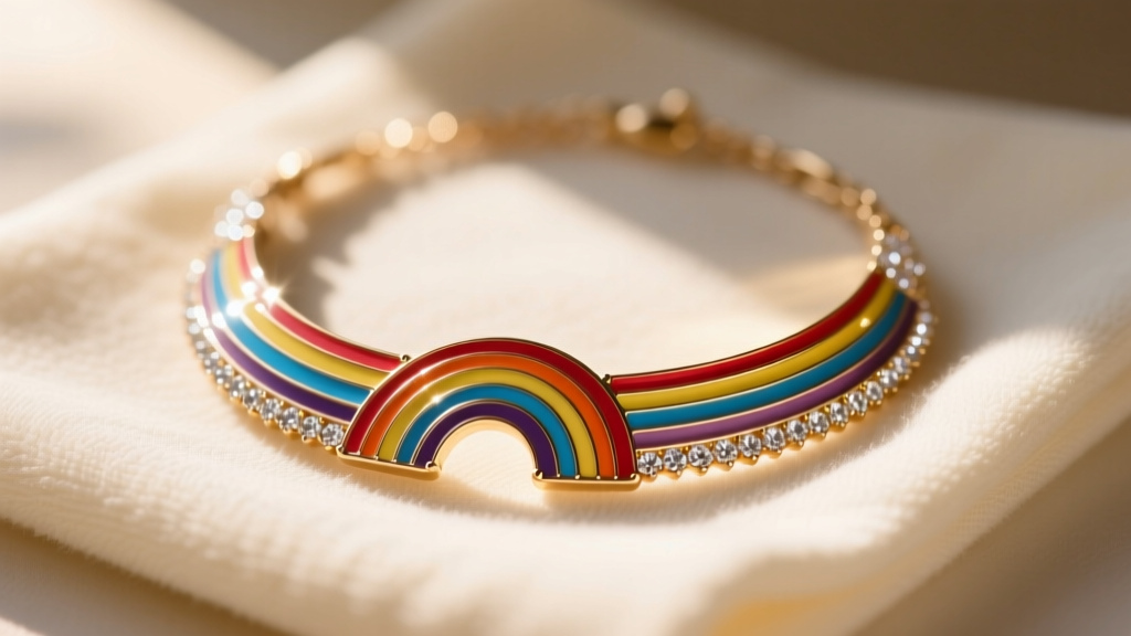 Close-up of a colorful enamel and rhinestone J.Crew rainbow necklace resting on a microfiber cloth in warm, natural sunlight.