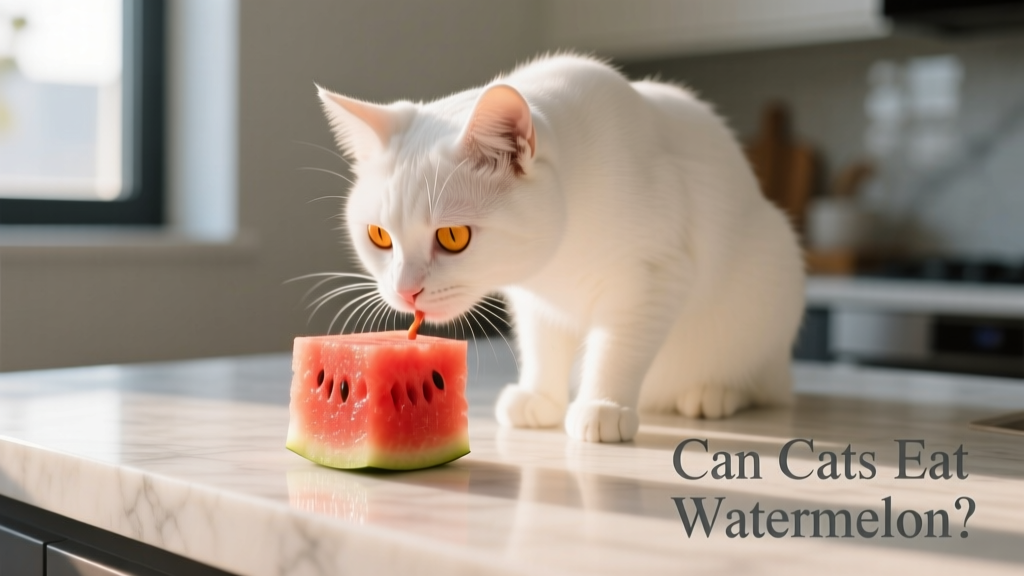 A cat gently sniffing a small, seedless cube of bright red watermelon on a clean surface