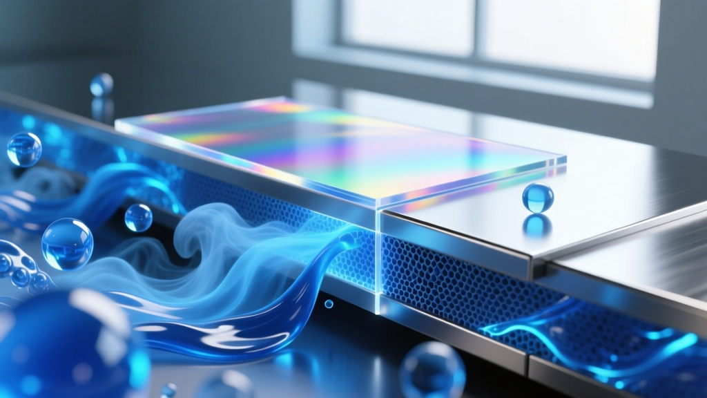 3D rendering of a translucent chromium oxide passive layer protecting a steel surface from corrosive blue chemical elements.