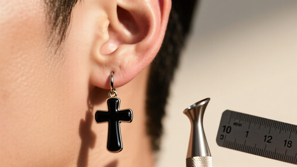 Male earlobe wearing heavy black onyx cross dangle earring slightly stretching the piercing, next to a metal jewelry gauge ruler.
