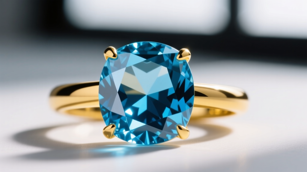Macro shot of a faceted AAA-grade Santa Maria aquamarine gemstone set in a yellow gold hoop, highlighting deep blue saturation.