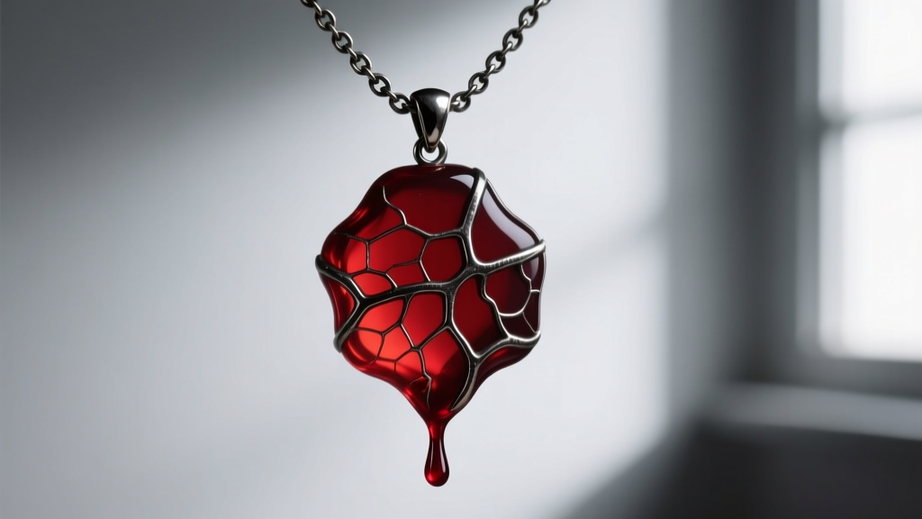 Macro photo of a gothic blood drip necklace pendant made of deep red translucent resin, hanging from a dark oxidized silver chain