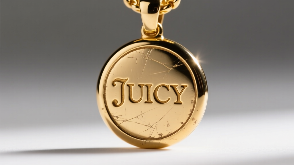 Macro photography of the back of a vintage Juicy Couture pendant showing the stamped JUICY hallmark and slight gold plating wear.