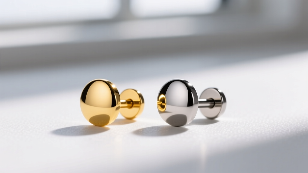 Macro view of a 14k yellow gold 4mm stud and a titanium 4mm stud, showing color contrast and high-polish mirror metal finishes