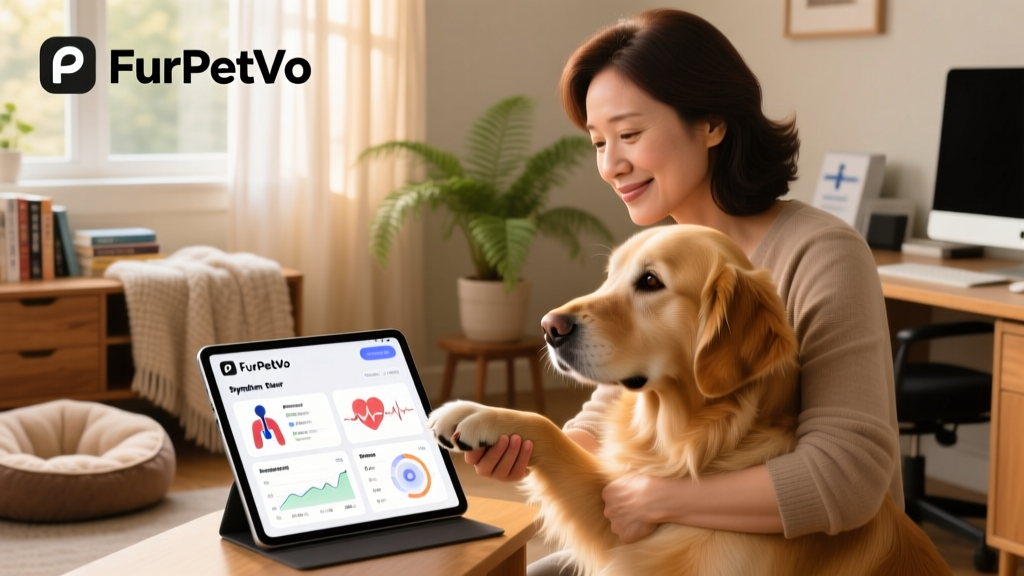 Owner gently holding their dog's paw while reviewing a FurPetVo symptom tracker app on a tablet