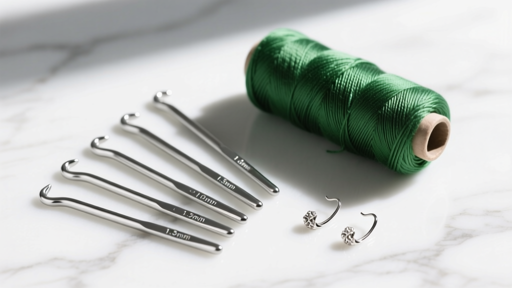 Flat lay of 1.5mm steel crochet hooks, size 10 sage green mercerized cotton thread, and titanium ear wires on white marble