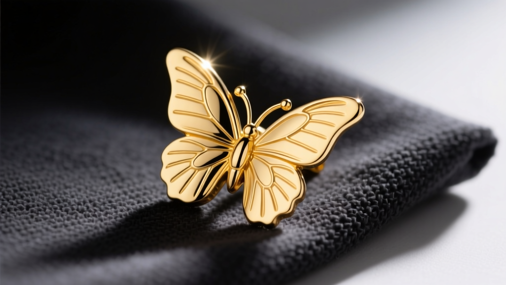 Macro close-up of a polished 14k yellow gold butterfly earring back resting on a dark microfiber cloth under bright studio light.
