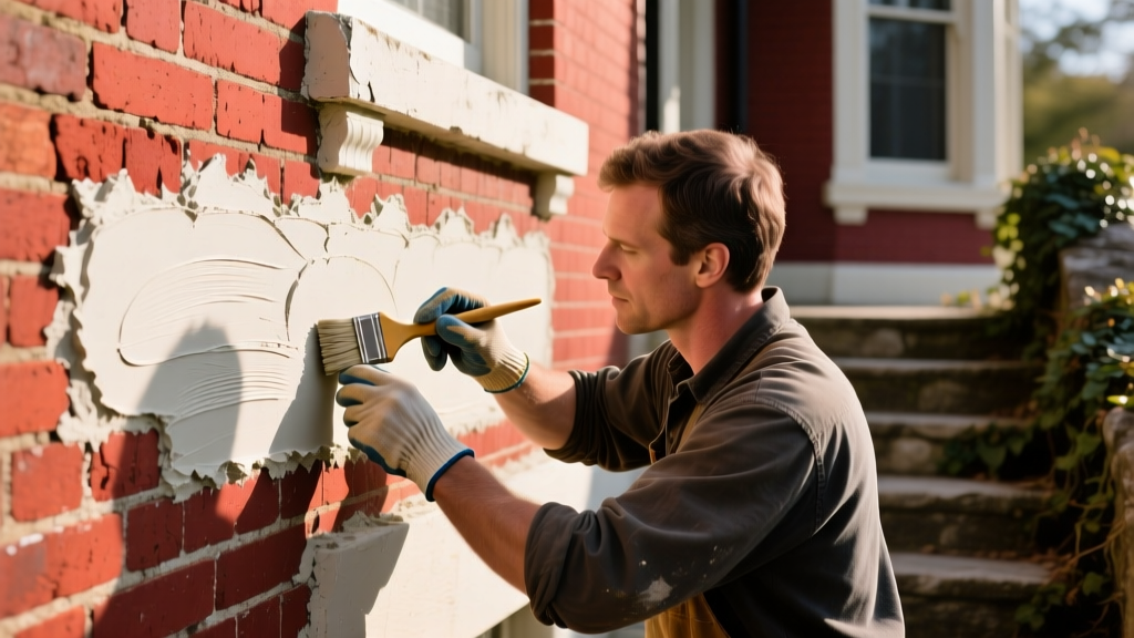Craftsman tuckpointing historic red brick with lime mortar on a restored 19th-century Victorian home exterior facade