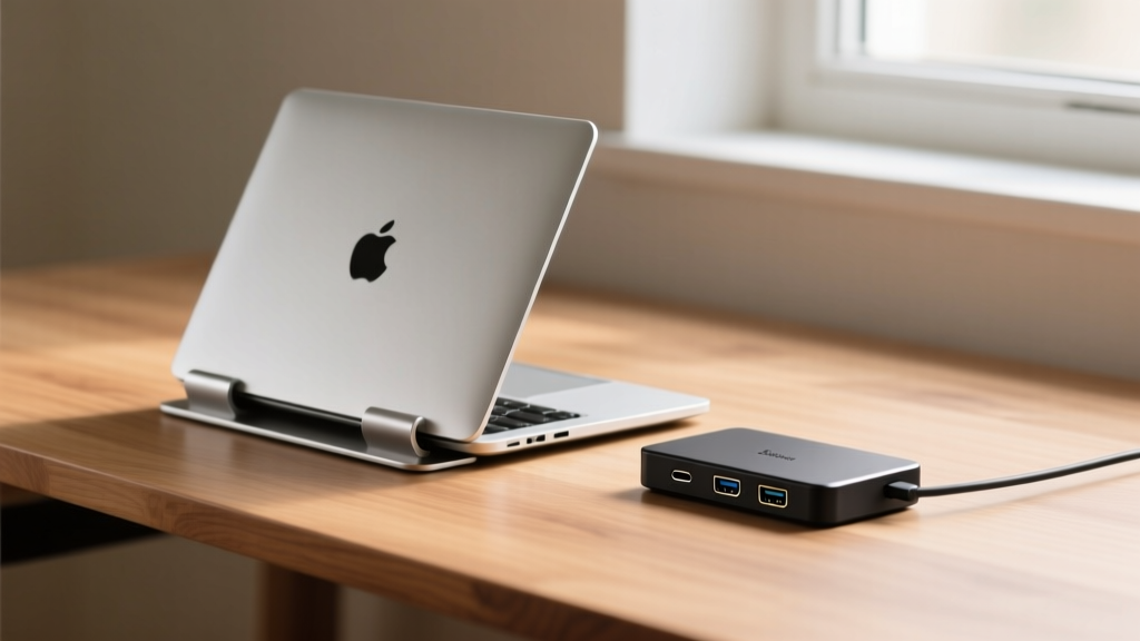 Minimalist wooden desk with silver MacBook Pro in clamshell mode on a vertical aluminum stand next to a compact micro-dock