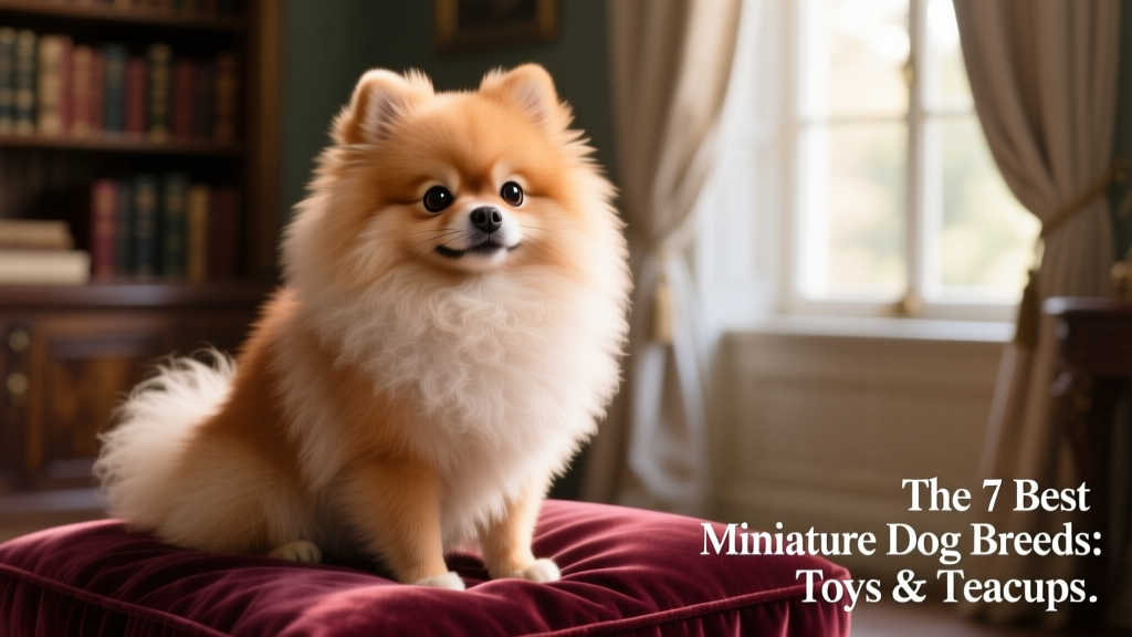 Close-up portrait of a well-groomed Pomeranian with bright eyes and fluffy ruff, sitting on a velvet cushion