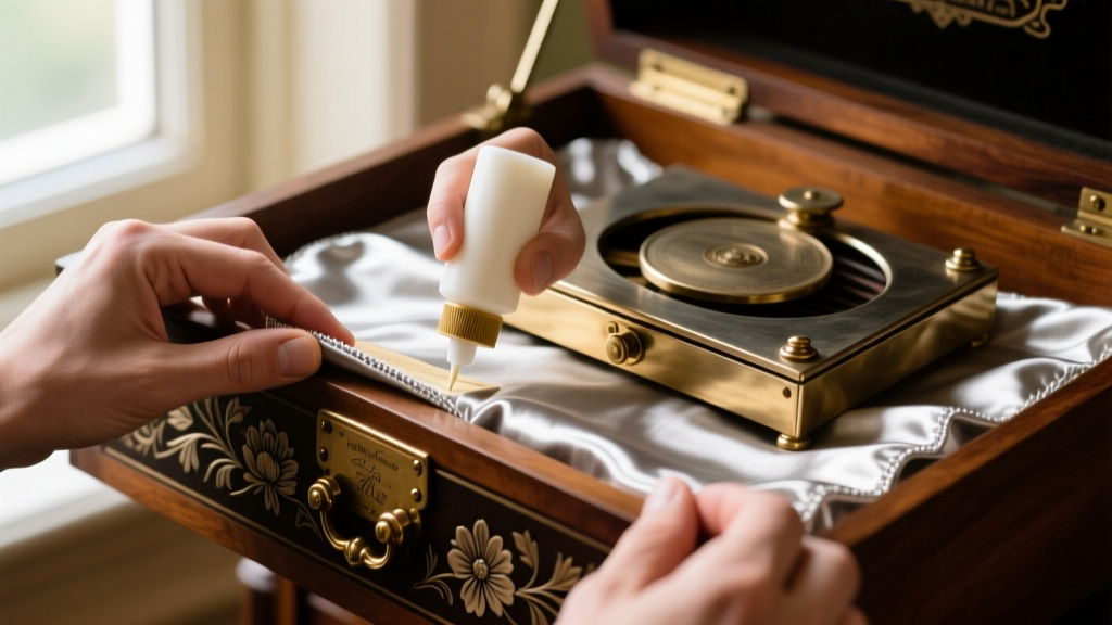 Hands applying acid-free archival glue to secure new anti-tarnish Pacific Silvercloth inside a restored vintage music box drawer.
