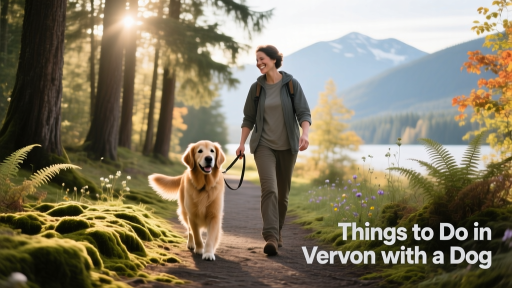 A pet parent and their dog enjoying a relaxed walk along a quiet, tree-lined trail in Vernon